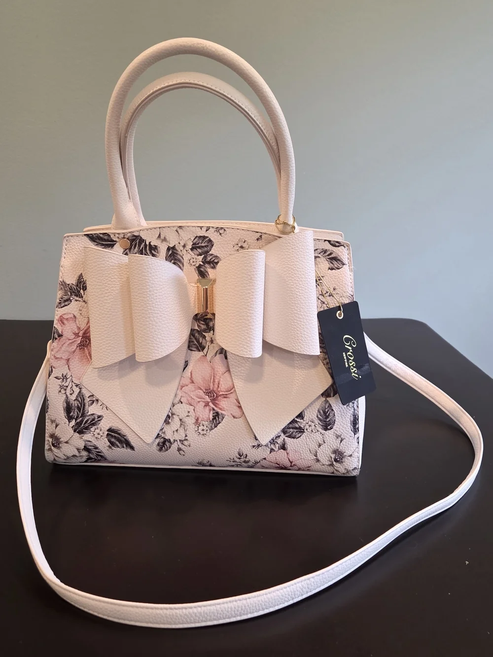 NWT Crossi New York Ivory Floral Bow Satchel Handbag with Crossbody Strap